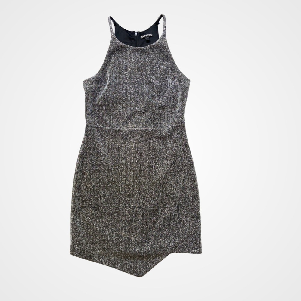 Express Metallic Shimmer Halter Dress Womens 8 Silver Excellent Asymmetrical Hem